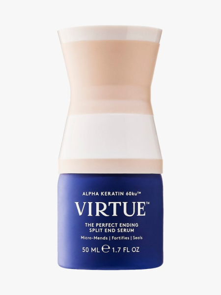Virtue Split End Serum blue bottle with peach and white hourglass shaped cap on light gray background