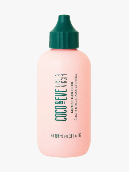 Coco & Eve Like a Virgin Miracle Hair Elixir pink bottle with pointed green cap on light gray background