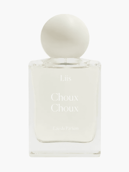 Choux Choux Eau de Parfum in branded clear glass bottle with white cap on light gray background